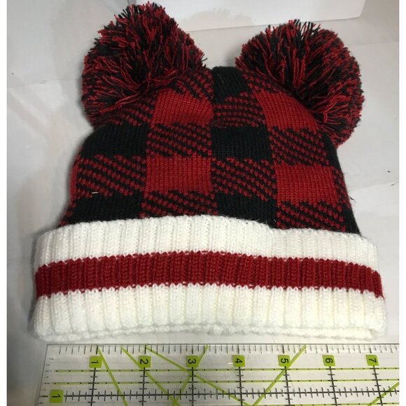 Buffalo Plaid Double Pom Pom Winter Hat Kids Knit Beanie Fleece Sock Monkey - Picture 5 of 5